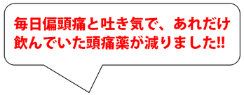毎日偏頭痛と吐き気で、あれだけ飲んでいた頭痛薬が減りました。