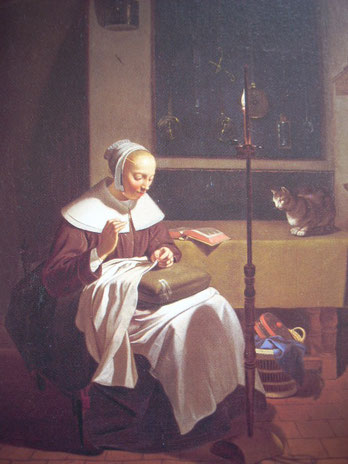 Vrouw naaiend bij kaarslicht, 1650-1655, navolger van Ludolph de Jongh, doek 72.5 x 59.7 cm, Veiling Christie's Londen, 12 juli 1985, nr 141.