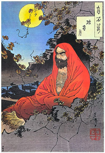 Bodidharma dipinto su un blocco di legno da Tsukioka Yoshitoshi