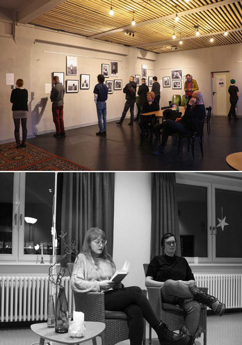 Eine Ausstellung in einem großen Raum mit Fotos von Malina Bura an den Wänden, vor denen viele Betrachter stehen.  Malina Bura sitzt bei einer Lesung in einem Sessel und liest aus ihrem Buch vor.