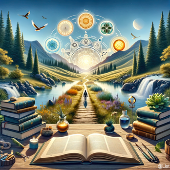 Une image illustrant un chemin menant à travers une vallée verdoyante bordée de rivières et de montagnes. Au premier plan, des livres empilés à côté d'un bouquin ouvert symbolisent la connaissance. Au-dessus, des icônes représentant différents aspects de 