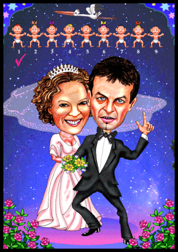 Karikaturen zeichnen lassen, Hochzeitspaar mit Banyplaner.