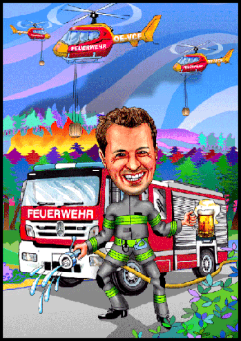 Karikaturen zeichnen lassen. Feuerwehr bei Waldbrand im Einsatz.