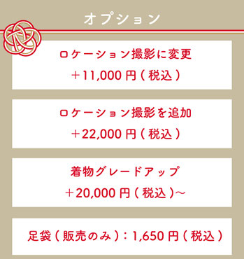 【オプション】・ロケーション撮影に変更：＋11,000円(税込)・ロケーション撮影を追加：22,000円(税込)・着物グレードアップ今なら66,000円→33,000円(税込)・足袋(販売のみ)：1,650円(税込)