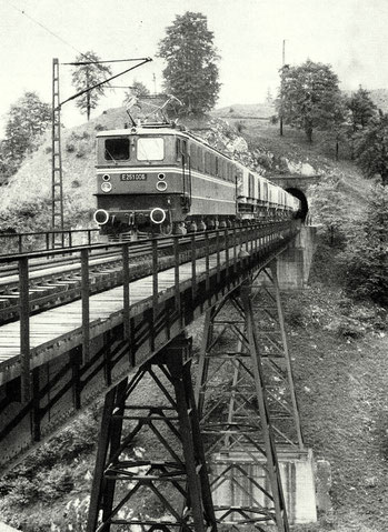 1966: Die gleiche Lok auf dem Krocksteinviadukt mit Leerzug nach Rübeland