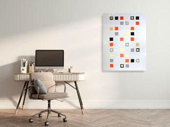 Minimalistische, abstrakte Malerei mit quadratischen Büttenpapier-Elementen in Weiß, Grau, Schwarz, Orange und Gold in Collagetechnik.