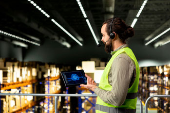 Mitarbeiter im Fulfillment-Center checkt den Fulfillment-Status auf dem Tablet