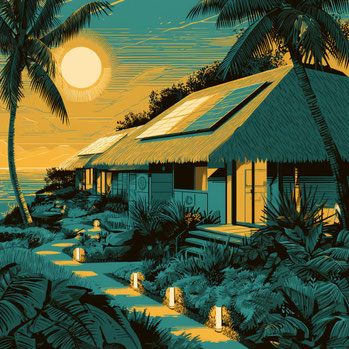 Illustration d'une résidence de bungalows tropicaux avec panneaux solaires et éclairage LED, entourée de végétation endémique — énergie renouvelable à La Réunion