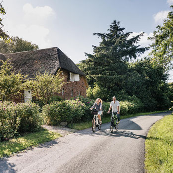 Zwei Fahrradfahrer fahren vor Reetdachhaus in Nordfriesland