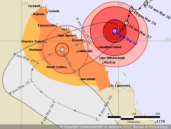 Forecast track map of Severe Tropical Cyclone Debbie (march 27 2017). From www.bom.gov.au