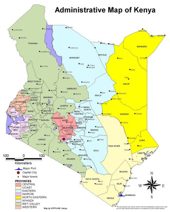Kenya province, distretti, città - Mappa amministrativa del Kenya