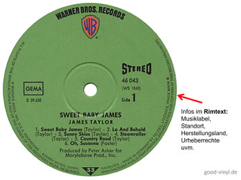 Beispiel eine Rimtext am Plattenlabel des Albums: "James Taylor - Sweet Baby James" 