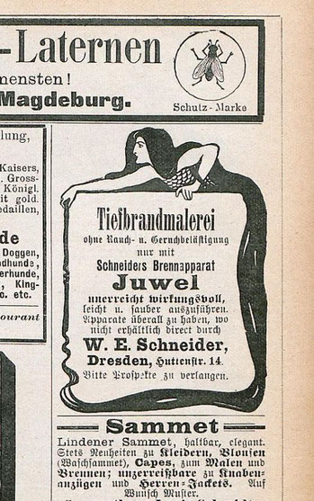 Eine Werbeanzeige von historischen Brandmal-Apparaten im "Beiblatt der Fliegenden Blätter" die im Oktober um 1901 erschienen sind. Die Universität Heidelberg hat diese Werbeblätter zur freien Verfügung gestellt.