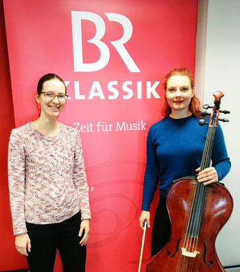 Cello player and composer Stefanie John from Berlin at the recording studios of BR Klassik in Munich for a radio feature about Campanula music