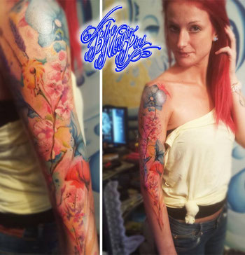 Blue Magic Pins watercolor effect sleeve. This sleeve is a memorial tribute to her grandmother as well :)) Genk Belgium tattoo shop
