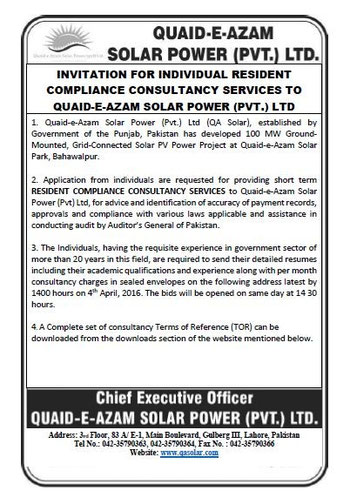 Invitation for Proposal for Individual Resident Compliance Consultancy Services Valid from 19th March till 4th April 2016