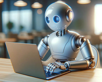 Der ChatGPT-Bot erledigt am Laptop SEO-Aufgaben  