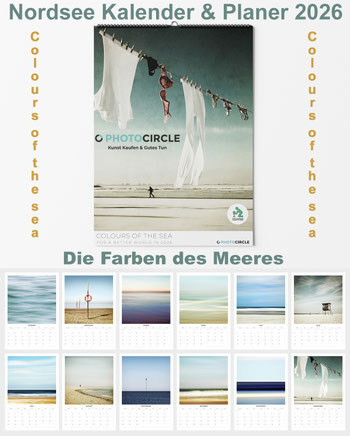 Manuela Deigert Fotokunst Start, Kunstkalender „Die Farben des Meeres – Nordsee Kalender & Planer 2026” mit Waschtag, einer Wäscheleine am winterlichen Strand bei Dangast und Vorschau auf 12 weitere künstlerische Nordseemotiven