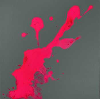 Moderne abstrakte Malerei, Acryl auf Leinwand, Pink als starker Fokus auf einem beruhigenden Unterton aus Olive.