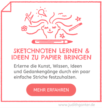 Sketchnote einer lächelnden Figur mit geschlossenen Augen, aus dem Kopf wachsen Blumen, Vögel, Sterne und eine Glühbirne als Symbole für Ideen und Kreativität, darunter ein Stift.