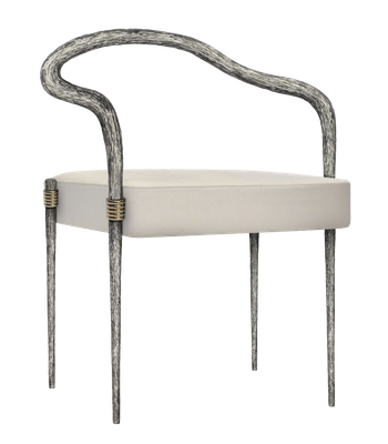 Chaise Ethnic, forme courbée, 4 pieds droits, structure en aluminium avec texture, anneaux en laiton doré, assise en tissus blanc