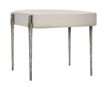 banc Ethnic aluminium, pieds droits, anneaux laiton, assise tissus blanc