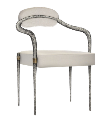 Chaise Ethnic, forme courbée, 4 pieds droits, structure en aluminium avec texture, anneaux en laiton doré, assise et dossier en tissus blanc