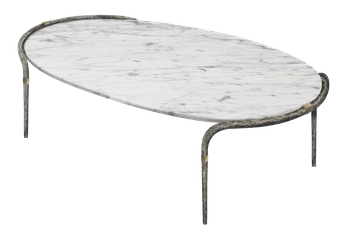table basse Ethnic aluminium texturé, anneaux laiton et plateau ovale en marbre blanc