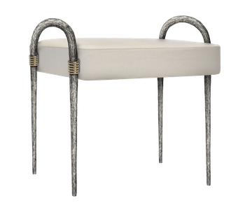 banc Ethnic aluminium, pieds droits avec arches, anneaux laiton, assise tissus blanc