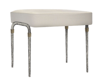 banc Ethnic aluminium, pieds droits avec courbe, anneaux laiton, assise tissus blanc