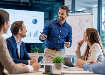 Trainer erklärt einem B2B-Vertriebsteam Verkaufs- und Leistungskennzahlen