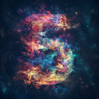 die Zahl Fünf mit Galaxy-Hintergrund vektor im Stil der illusionären Sprühlackkunst, verspielte Typografie, kosmische Abstraktion, gepunktet, Betonung der Leinwandstruktur