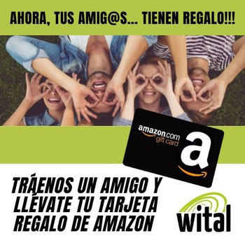 Promoción de WITAL: Tráenos un amigo y llévate tu tarjeta regalo de Amazon. Si eres cliente de WITAL y un amigo contrata con nosotros su conexión de Fibra Óptica y Móvil, recibirás un cheque regalo de 20€ para gastar en Amazon. Más amigos, más cheques