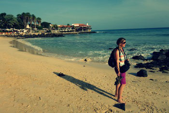 Lia about to go for a stroll at Santa Maria beach