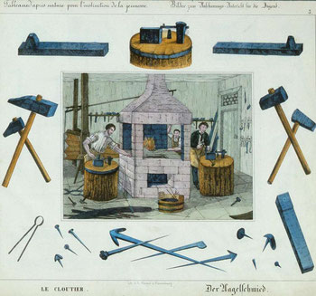 Jean Frédéric Wentzel: Der Nagelschmied – kolorierte Lehrtafel aus »Tableaux d'après nature pour l'instruction de la jeunesse. 30 ateliers de différents métiers« (Wissembourg, 1847)