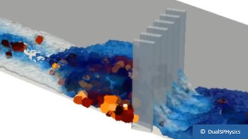 Coupled DEM-CFD modelling of a debris flow surge using DualSPHysics