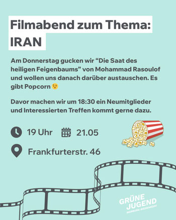 Einladung zum Filmabend vor blauem Hintergrund. Informationen im Begleittext zu finden