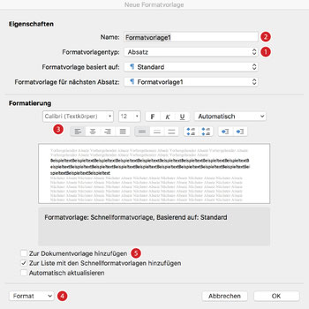 Das Eingabefenster «Neue Formatvorlage»
