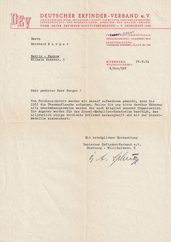 Reinhold Burger; Brief vom Erfinderverband, Bitte um Mitgliedschaft