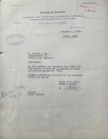 Fa. Eimer & Amend bestätigt die Zahlung an Fa. R. Burger & Co. 1925