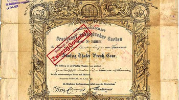 Aktie zum Bau des Breslauer Zoos von 1865 über Fünfzig Thaler Preuß. Cour. (Preußische Courant), umgestellt auf 20 Goldmark. 