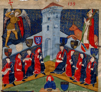 Les Capitouls siègent au pied d'une porte fortifiée de Toulouse - Dans la partie supérieure : saint-Michel et saint-Sernin - Annales manuscrites TOULOUSE - BB 273, chronique 135, 1440-1441