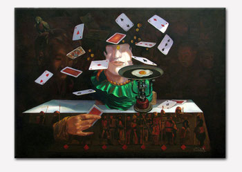 Painting Kaikaoss – The Gambler with a Bird – Surreal – Flying Cards – Art with Multiple Meanings- Gemälde Kaikaoss – Der Spieler mit einem Vogel – Surreal – Fliegende Karten – Kunst mit viel Bedeutung