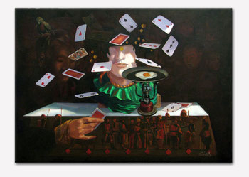 Painting Kaikaoss – The Gambler with a Bird – Surreal – Flying Cards – Art with Multiple Meanings- Gemälde Kaikaoss – Der Spieler mit einem Vogel – Surreal – Fliegende Karten – Kunst mit viel Bedeutung