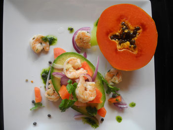 Papaya and shrimp cocktail in avocado