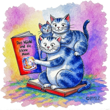 Copyright by Pelz Kreativ - Das Würstel und die kleine Maus / Illustration 2026 - drei Katzen, Buch, bunt, Illustration, Aquarell, lustiges Bild, Das Würstel und die kleine Maus.