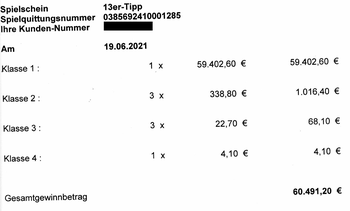 Gewinnbrief an einen unserer Buchkäufer über einen Dreizehner, den er mit einem System mit 208 Tippreihen holte