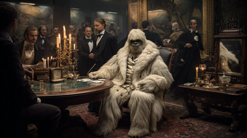 Sahara Yeti beobachtet 1873 den Börsenkrach in Wien; auf dem Tisch ein Spiegel mit Kokainlinien, durch das Fenster fallende Aktienkurse sichtbar.