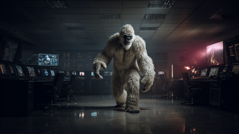 Ein Yeti fokussiert auf ein einzelnes, präzise ausgerichtetes Marketing-Werkzeug, während im Hintergrund eine überdimensionale Gießkanne sinnlos Werbung verteilt