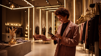 Kundin mit Smartphone scannt QR-Code in einem Modegeschäft in Stuttgart, Symbolbild für Omnichannel-Strategien im Einzelhandel